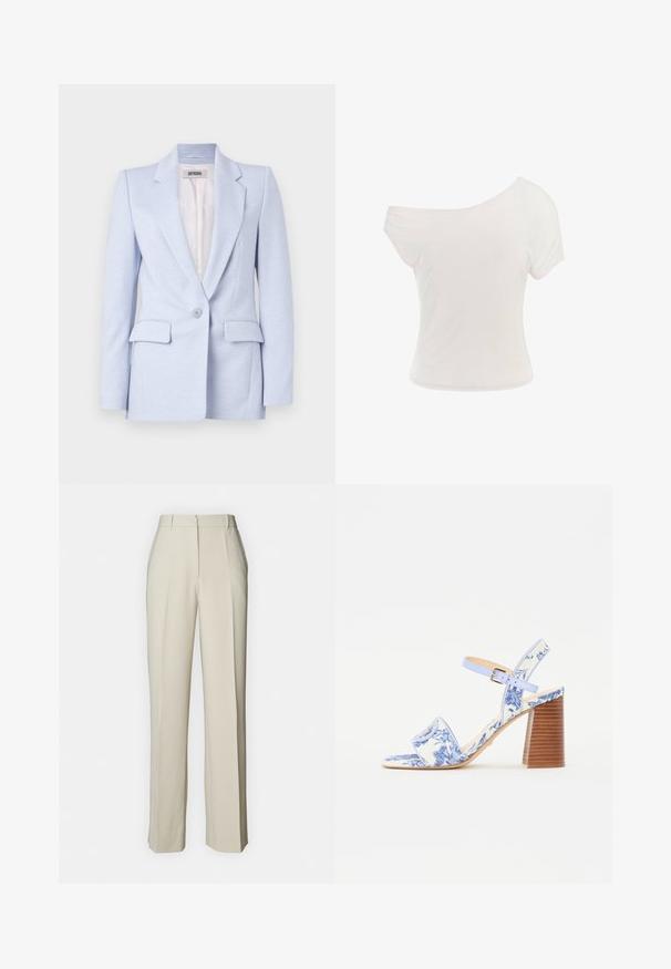 Vaaleansininen bleiseri, jossa on muotoiltu malli, kaksi etutaskua, yksinkertainen nappikiinnitys ja lovettu kaulus. Sujuva pinta, vuoriton sisus.; Valkoinen off-the-shoulder-paita, joka on valmistettu pehmeästä, kevyestä kankaasta. Lyhyet hihat, istuva muoto ja rullasaumadetaili. Suora pinta.; Beige räätälöidyt housut, joissa on suora leikkaus, etupleatsit, litteä vyötärö ja sileä pinta siistiä viimeistelyä varten.; Sininen kukallinen sandaali, jossa on neliön muotoinen kärki, leveä hihna ja säädettävä nilkkahihna, jossa on teksturoitu puukorko.