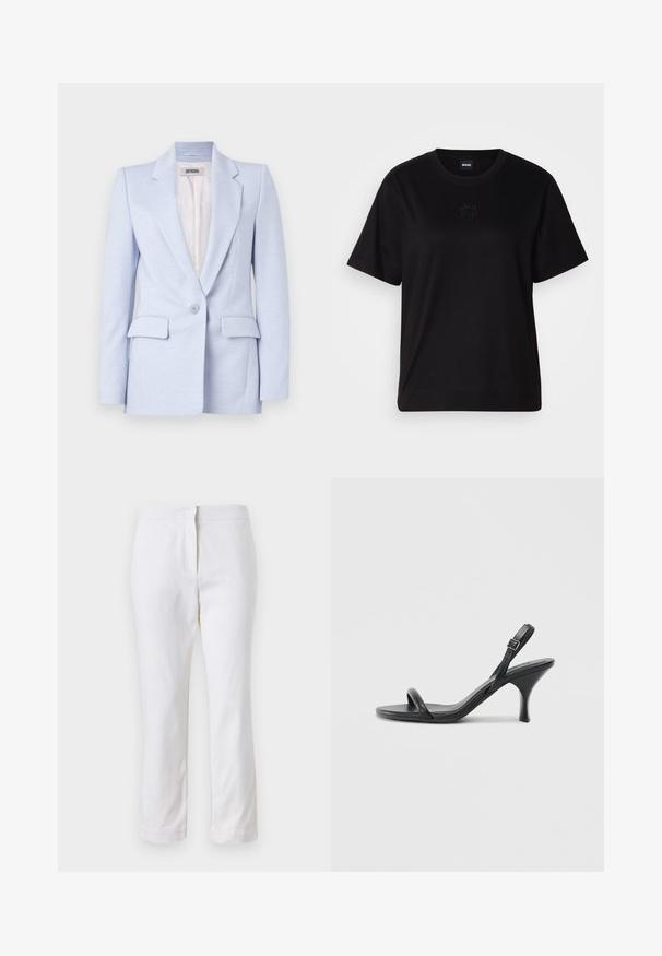 Light blue blazer with a tailored design, two front pockets, a single button closure, and a notched collar. Smooth texture, unlined interior.; Black cotton t-shirt with a crew neckline, short sleeves, and an embroidered logo on the chest. Simple, relaxed fit with no patterns.; White cotton pants with a straight leg design, featuring a mid-rise waist and no visible hardware or patterns. Smooth texture throughout.; Black leather high-heeled sandals with a slim, curved heel and a crossed strap design. Adjustable ankle strap. Smooth texture.