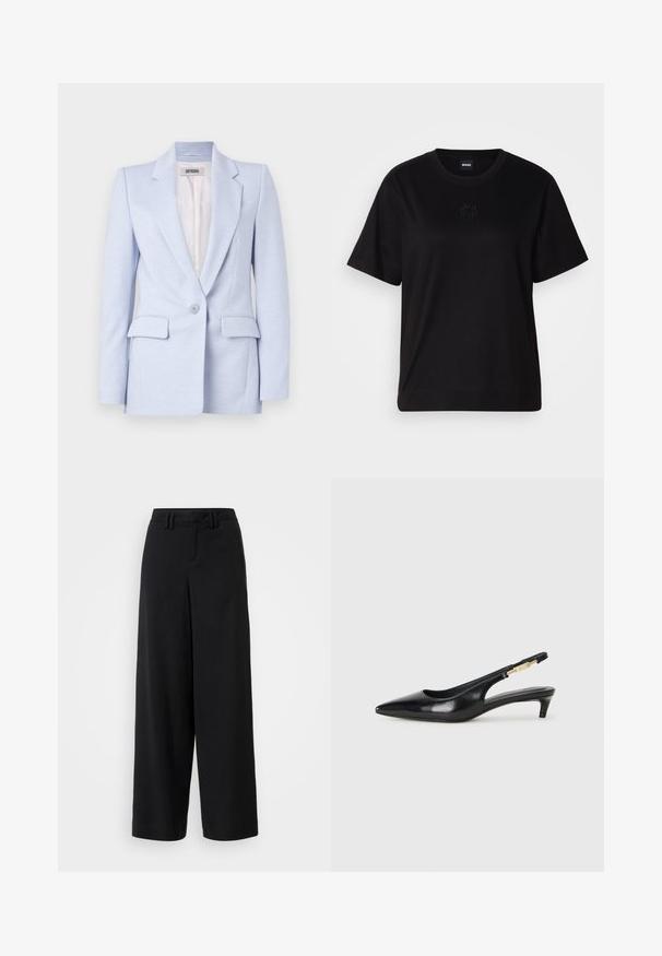 Blazer azzurro chiaro con design sartoriale, due tasche frontali, chiusura a un bottone e colletto a risvolto. Tessuto liscio, interno non foderato.; Maglietta in cotone nera con scollatura tonda, maniche corte e logo ricamato sul petto. Design semplice e vestibilità rilassata senza motivi.; Pantaloni neri a gamba larga realizzati in tessuto morbido, con un design a vita piatta, dettagli plissettati e passanti per cintura in vita.; Tacchi slingback in pelle nera con punta affusolata, caratterizzati da un tacco alto e un accento dorato sulla cinghia regolabile. Texture liscia.
