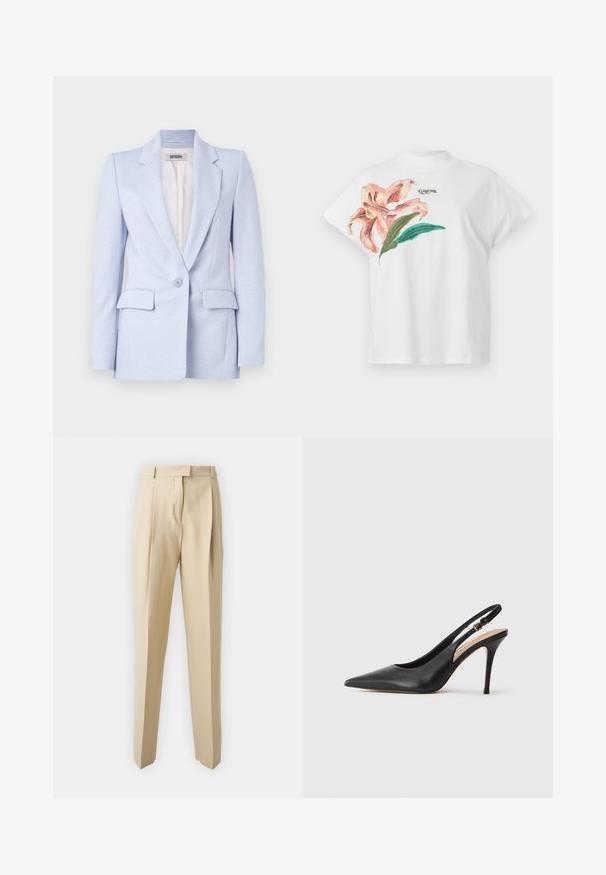 Svijetloplavi sako s krojenim dizajnom, dva prednja džepa, pojedinačno kopčanje, i rever ovratnik. Glatka tekstura, nepodstavljena unutrašnjost.; Bela bombažna T-maica s kratkimi rokavi, ki prikazuje rožnat cvetlični vzorec in zelene liste na levi strani. Logo "Guess" v sivi barvi nad vzorcem.; Bež hlače s krojem ravne nogavice, ki imajo zadrgo, pas ter gladko teksturo. Brez vidnih žepov ali okrasnih elementov.; Črne usnjene sandale s peto s konicami, gladko teksturo in nežnim trakom z kovinsko zaponko.