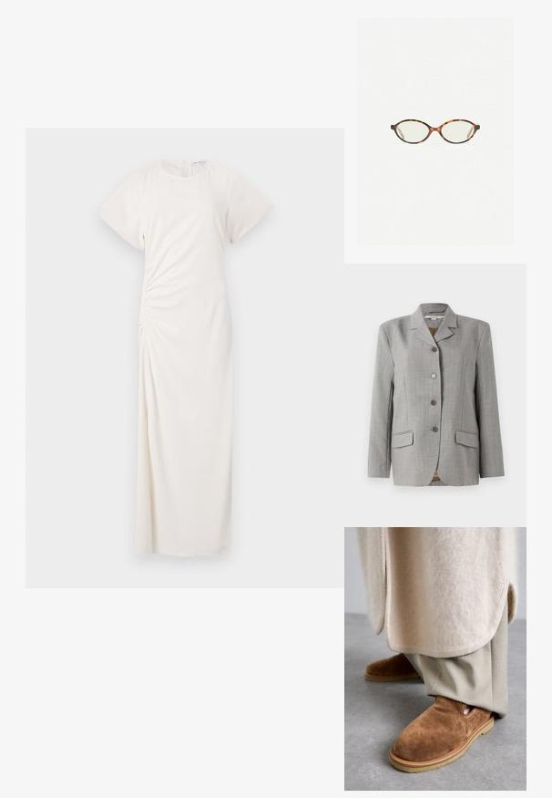 Gray plaid blazer featuring a notched collar, four front buttons, two side pockets, and a smooth texture.; White dress with short sleeves, round neckline, and side ruching detail; smooth fabric with a floor-length silhouette.; Brown suede slip-on shoes with a rounded toe, rubber sole, and side cutout detail, paired with light beige tailored pants.; Tortoiseshell eyeglasses with oval lenses and a sleek, smooth finish. Features thin sides with a subtle curve at the temples. Clear lenses.