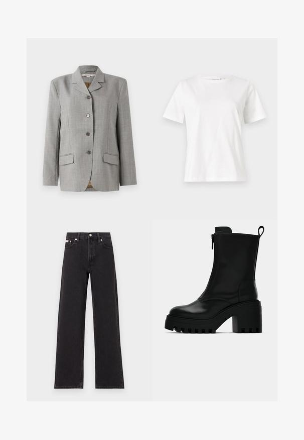 Šedý kostkovaný blejzr s klopami, čtyřmi předními knoflíky, dvěma bočními kapsami a hladkou texturou.; Bílý bavlněný tričko s krátkým rukávem, kulatým výstřihem a volnějším střihem. Hladká textura, bez vzorů nebo akcentů, minimalistický design.; Černé široké jeansy vyrobené z denimu, s vysokým pasem, pěti kapsami a kovovým zapínáním s kontrastním prošíváním.; Černá kožená kotníková bota s robustní podrážkou, blokovým podpatkem, bočním zipem a poutkem na zadní straně na čistém bílém pozadí.