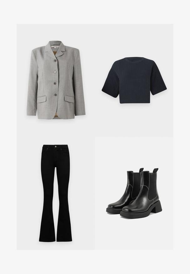 Szary blazer w kratę z klapami, czterema guzikami z przodu, dwiema bocznymi kieszeniami i gładką fakturą.; Ciemnogranatowy krótkowłosy sweter dzianinowy z prążkowaną teksturą, szerokimi krótkimi rękawami i okrągłym dekoltem. Prosty design, brak widocznych wzorów lub akcentów.; Czarne, wysokie dżinsy z guzikem i zamkiem błyskawicznym, z przednimi kieszeniami i rozszerzanymi nogawkami, leżące płasko na białym tle.; Czarne skórzane botki Chelsea na mocnej podeszwie, z elastycznymi panelami bocznymi i kontrastującym białym ściegiem. Teksturowane wykończenie.