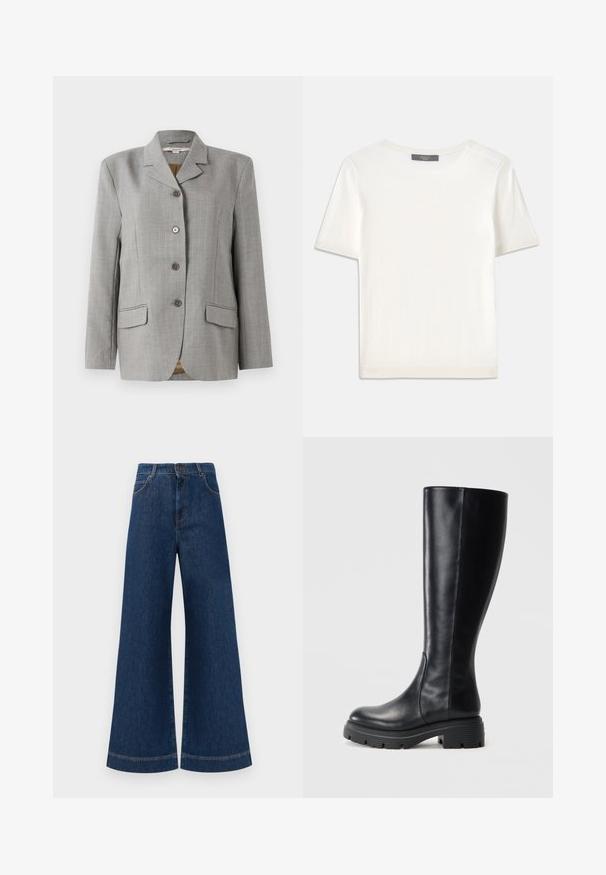 Szary blazer w kratę z klapami, czterema guzikami z przodu, dwiema bocznymi kieszeniami i gładką fakturą.; Biała krótki rękaw dzianinowa bluzka z okrągłym dekoltem, charakteryzująca się gładką teksturą i subtelnymi prążkowanymi akcentami na rękawach oraz u dołu.; Szerokie dżinsy w kolorze niebieskim z wysokim stanem, z zapięciem na guzik, szlufkami na pasek oraz subtelnymi detalami stębnowania wzdłuż kieszeni i brzegów.; Czarne kozaki za kolano wykonane z gładkiej skóry, z zaokrąglonym noskiem i masywną gumową podeszwą z bieżnikiem zapewniającym przyczepność.