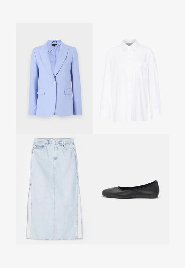 Ljusblå blazer i glansigt tyg, med en enkel knapp, notchade slag och två framfickor med en skräddarsydd passform.; Vit långärmad skjorta med krage i bomull. Har en knapp-down fram och en enda bröstficka. Slät textur, avslappnad passform.; Ljusblå denim maxikjol med rak skärning, featuring sidofrack och femficksdesign. Framträdande sömmar och metallknappsstängning.; Svart läderballerinaskor med rund tå, slät yta, minimala söm detaljer och en flexibel sula.