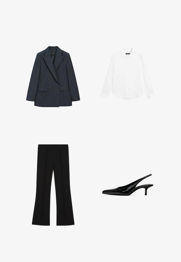 Double-breasted blazer in dark navy with pinstripe pattern. Features notched lapels, two front pockets, and black buttons. Smooth texture.; Massimo Dutti FLOWING SATIN LONG SLEEVE - Button-down blouse - white denim; Black tailored trousers with a high waist, front pleats, side pockets, and a slight flare at the legs.; Black pointed-toe slingback shoe with a glossy leather finish and a thin, low heel. Features a cutout on the side for breathability.