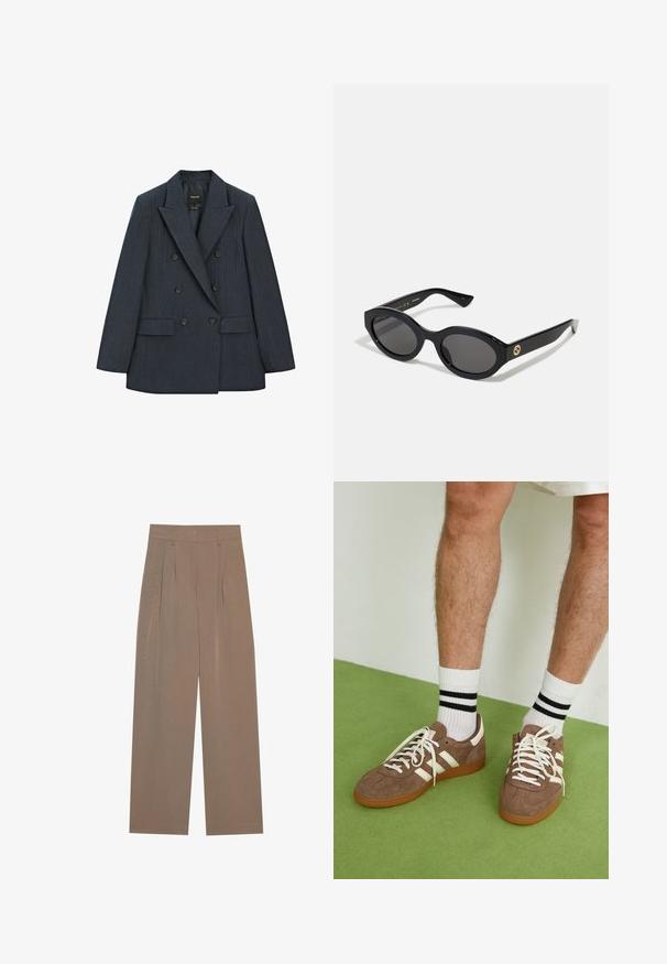 Dvojřadý blazer v tmavě námořnické barvě s proužkovaným vzorem. Má klopy do tvaru písmene "notch", dvě přední kapsy a černé knoflíky. Hladká textura.; Bílá bavlněná tričko s krátkým rukávem a kulatým výstřihem. Má uvolněný střih a minimalistický design bez vzorů nebo akcentů.; Hnědé skládací kalhoty s širokým střihem, s plochým pasem a bočními kapsami, vyrobené z lehkého materiálu.; Hnědé semišové tenisky s bílými akcenty a tkaničkami. Gumová podrážka. Nošeny s bílými ponožkami s černými pruhy. Zelená strukturovaná podlaha.; Černé oválné sluneční brýle s tmavými skly a lesklým plastovým rámem. Obsahují zlaté logo na straně, které poskytuje elegantní a moderní design.
