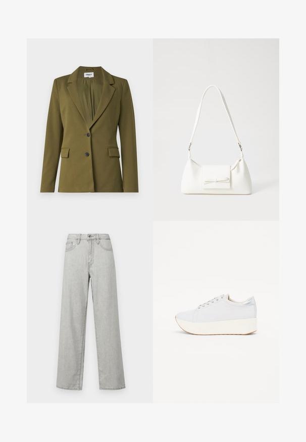 Olivazöld blézer sima anyagból, kihajtott gallérral, két elülső zsebbel, két fekete gombbal és egy hátsó hasítékkal.; Khaki ujjatlan cropped top, puha anyagból készült, csavarodott elejű dizájnnal és kerek nyakkivágással, amely illeszkedő sziluettet ad.; Világosszürke, bőszárú farmernadrág, magas derékkal, elülső zsebekkel, és hagyományos gombos cipzárral.; Világosszürke sportcipő platform talppal. Simaságot sugárzó szövet felsőrésze, kerek orra, valamint ezüst díszítések a saroknál és a fűzőlyukaknál.; Fehér szintetikus kézitáska, háromszög alakú, lapos előlap, masni részlettel, állítható pánttal, sima textúrával és minimalista dizájnnal.