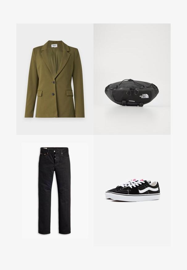 Olive green blazer made of smooth fabric, featuring a notched lapel, two front pockets, two black buttons, and a single back vent.; White cotton t-shirt with short sleeves and a round neckline. Features a small red Levi's logo on the left chest area.; Black denim jeans with a straight cut, five-pocket design, and a button-fly closure. Features copper rivets and stitching accents.; Black suede sneakers with white laces, featuring a prominent white side stripe and black rubber sole, showcasing contrast stitching details.; The North Face TERRA LUMBAR 3L UNISEX - Bum bag - asphalt grey/black