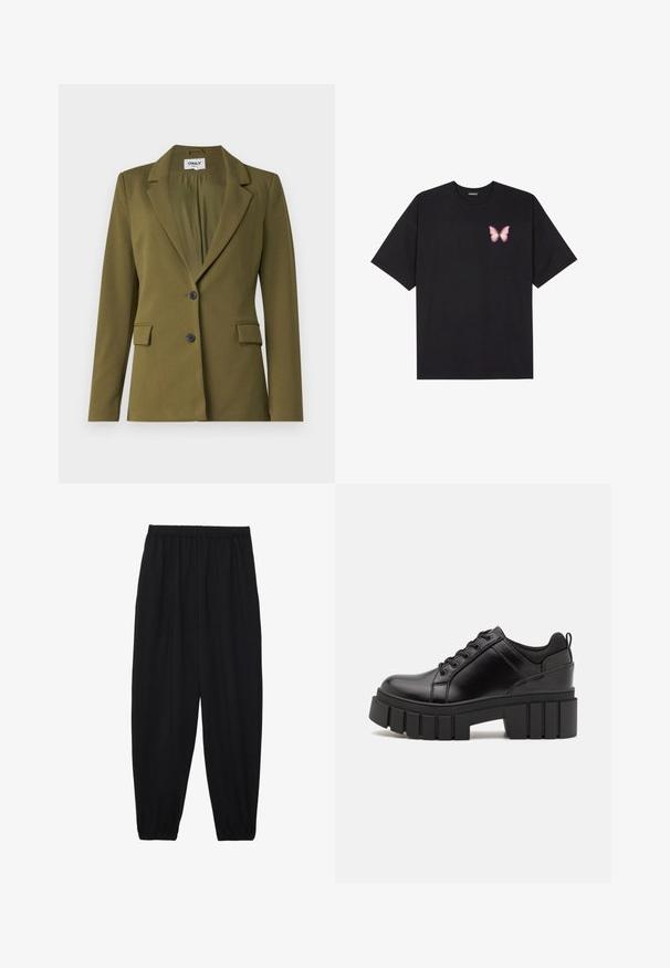 Blazer verde-azeitona feito de tecido suave, com lapela recortada, dois bolsos frontais, dois botões pretos e uma ventoinha nas costas.; T-shirt de algodão preto com mangas curtas, apresentando um pequeno gráfico de borboleta rosa no lado esquerdo do peito. Design de gola redonda com um corte solto.; Calças pretas, leves, com um cinto elástico e punhos franzidos. O tecido é suave e apresenta um design relaxado e afunilado.; Sapatos de plataforma em couro preto com um salto bloco robusto, bico redondo e design clássico de atacadores. Apresentam uma textura suave e detalhes mínimos.