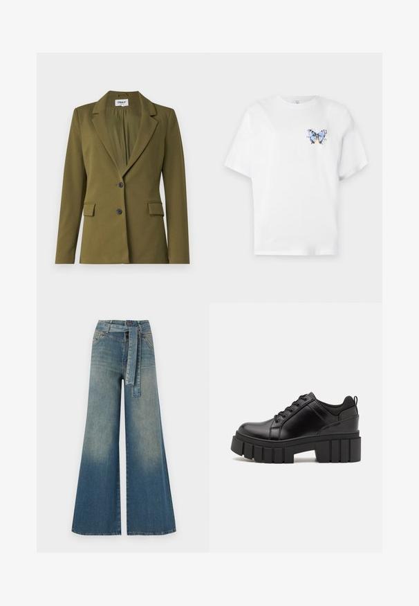 Olive green blazer made of smooth fabric, featuring a notched lapel, two front pockets, two black buttons, and a single back vent.; White cotton t-shirt featuring a colorful butterfly print on the left chest. Short sleeves and a relaxed fit.; Wide-leg denim trousers featuring a light to dark blue gradient, high waist, belt loops, and a matching fabric belt. Textured denim finish.; Black leather platform shoes with a chunky block heel, round toe, and traditional lace-up design. Features smooth texture and minimal detailing.