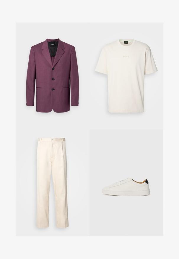 Purple pinstriped blazer with a notched lapel, three black buttons, and two side pockets. Lined interior, tailored fit, structured shoulders.; BOSS TEE - Basic T-shirt - open white; Beige cotton trousers with a straight-leg cut, featuring a button closure and pleats at the front for added detail.; White sneaker with a smooth leather upper, round toe, and flat sole. Black accent at the heel, featuring tonal laces and minimal branding.