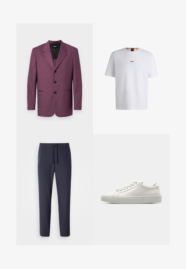 Purple pinstriped blazer with a notched lapel, three black buttons, and two side pockets. Lined interior, tailored fit, structured shoulders.; White cotton T-shirt with short sleeves, featuring a black "BOSS" logo centered on the chest and a round neck design.; Navy jogger pants with an elastic waistband and drawstring. Made of smooth material, featuring tapered legs and no visible pockets.; White leather sneaker with a rounded toe, minimalist design, grey laces, and a textured grey rubber sole. Subtle stitching details visible.