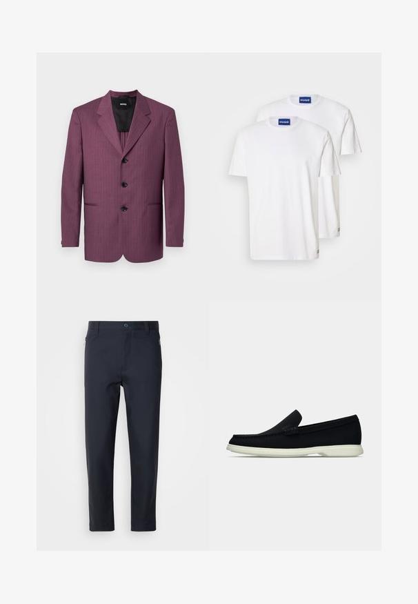 Violet raštuotas švarkas su iškirptu atlapu, trimis juodomis sagomis ir dviem šoniniais kišenėmis. Pamušalas, pritaikyta siluetas, struktūruotos pečių linijos.; Baltos medvilninės marškinėlės, su apvaliu kaklu ir trumpomis rankovėmis, pažymėtos mėlynomis "HUGO" etiketėmis kaklo srityje ir mažomis detalėmis ant apatinės dalies.; Tamsiai mėlynos pritaikytos kelnės, pagamintos iš sklandžios medžiagos, su užtrauktuku užsegama kišene, tiesiomis kojomis ir mygtuko užsegimu juosmens srityje.; Juodas slip-on avalynė su apvaliu pirštu, turintis tekstūruotą paviršių, lygią baltą platformą ir subtilų prekės ženklą šone.