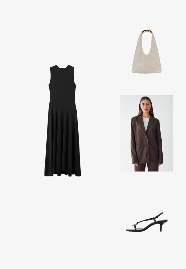 Brown blazer with a notched lapel, single-breasted button closure, and two front pockets. Smooth fabric, tailored fit, and minimalistic design.; Black sleeveless maxi dress with a fitted bodice and flared skirt, featuring a smooth texture and minimalistic design, no visible fastenings.; Black leather kitten heel sandal with thin straps, gold buckle, and minimalist toe loop on a white background.; Light gray leather bag with a U-shaped design and a curved metallic handle. Smooth texture with minimal stitching and no visible patterns.