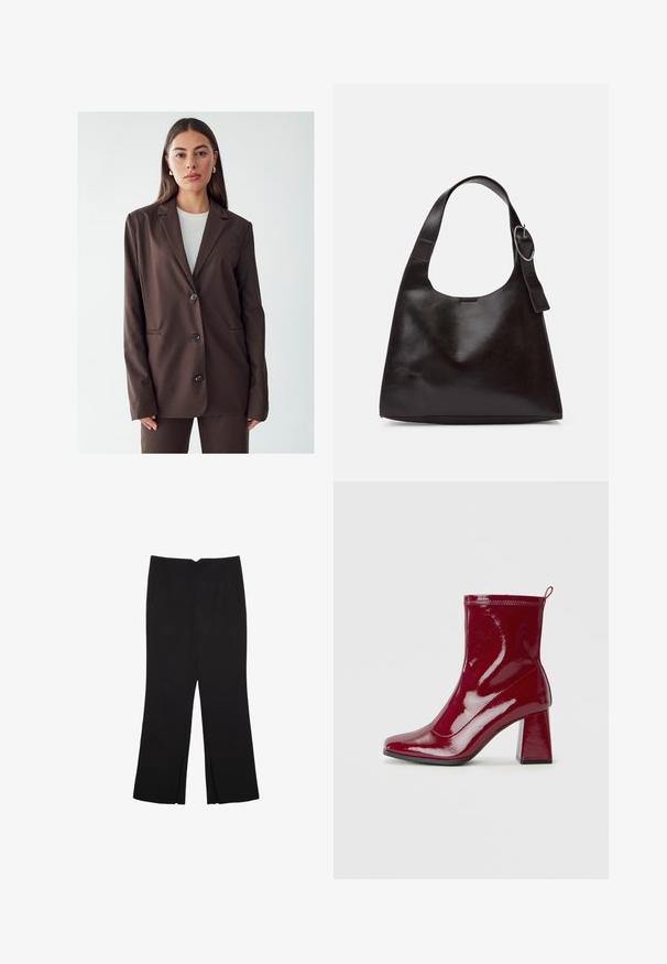 Brown blazer with a notched lapel, single-breasted button closure, and two front pockets. Smooth fabric, tailored fit, and minimalistic design.; Black long-sleeve knitted sweater with padded shoulders and ribbed cuffs and hem, shown against a white background.; Black trousers with a straight fit, featuring front pockets and side slits at the hem. Made of soft, smooth fabric. Suitable for various occasions.; Burgundy patent leather ankle boots with square heels, smooth texture, subtle stitching, and a back loop for easy wear.; Brown leather shoulder bag with a smooth texture, rounded shape, wide strap, and circular metallic accent on the handle.