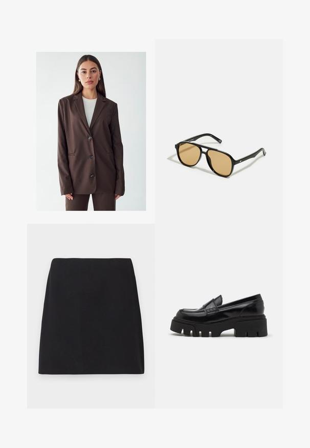 Bruine blazer met een gekraagde revers, enkelvoudige knoopsluiting en twee voorkwasten. Glad materiaal, getailleerde pasvorm en minimalistisch ontwerp.; Zwart langetermijn shirt van ribstof. Het heeft een ronde halslijn en een aansluitend ontwerp zonder zichtbare patronen of accenten.; Zwarte mini rok, rechte snit, gladde stofstructuur, geen zichtbare patronen of versieringen, schone randen, geen metalen onderdelen. Eenvoudig ontwerp.; Zwarte leren loafers met een chunky, gestructureerde platformzool en een decoratieve strap over de bovenkant. Gladde, glanzende afwerking.; Zwarte zonnebril met bruin getinte lenzen; rechthoekige vorm met een dikke rand, inclusief subtiele hardware accenten op de veertjes.; Bruine geweven clutchesac met een gestructureerde afwerking, gouden hardware en decoratieve studs langs de randen. Voorzien van een kettingriem.