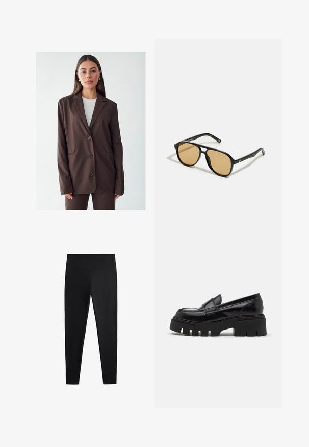 Brun blazer med spidse klapper, enkeltsidet knaplukning og to forlommer. Glat stof, skræddersyet pasform og minimalistisk design.; Sort langærmet skjorte lavet af ribbet stof. Den har en rund halsudskæring og et tætsiddende design uden synlige mønstre eller accenter.; Sorte leggings lavet af glat, strækbart stof. Har en bred talje og en tapered ben-design, velegnet til aktiv eller afslappet brug.; Sorte læder loafers med en chunky, tekstureret platformssål og en dekorativ rem over toppen. Glat, blank finish.; Sorte solbriller med brune tonede linser; rektangulær form med en tyk ramme, herunder diskrete hardwaredetaljer på stængerne.; Brun vævet clutchtaske med en struktureret overflade, guldfarvet hardware og dekorative nitter langs kanterne. Har en kædetraspe.