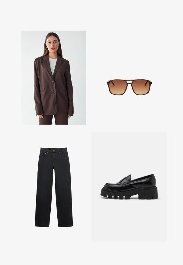 Hnědý blazer s klopou, jednořadovým zapínáním na knoflíky a dvěma předními kapsami. Hladká tkanina, přizpůsobený střih a minimalistický design.; Černé triko s dlouhým rukávem vyrobené z ribované látky. Má kulatý výstřih a přiléhavý střih bez viditelných vzorů nebo akcentů.; Černé džíny s širokými nohavicemi vyrobené z denimu, s pěti kapsami, zapínáním na knoflík, diskrétním šitím a rovného střihu od pasu ke spodnímu okraji.; Černé kožené mokasíny s robustní texturovanou platformou a dekorativním páskem přes nárt. Hladký, lesklý povrch.; Kočičí sluneční brýle s obdélníkovým rámečkem, hnědými gradientovými skly a výrazným stříbrným akcentem na můstku.; Hnědá pletená kabelka s texturovaným povrchem, zlatými kovovými prvky a dekorativními cvočky podél okrajů. Obsahuje řetízkový popruh.