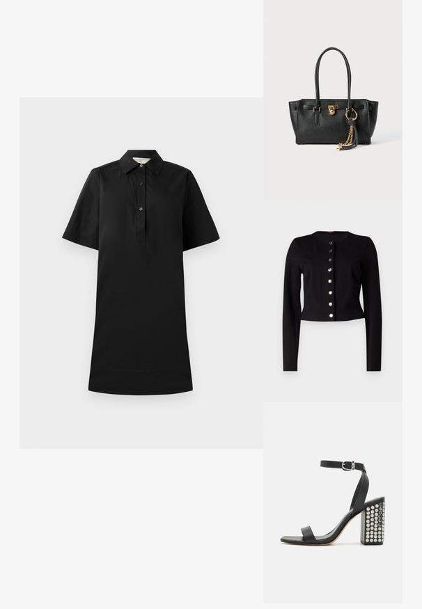 Melnā īsā kardigāna ar apaļu kakla izgriezumu, garām piedurknēm un septiņām metāliskām pogām priekšpusē. Gluda tekstūra.; Melnas īsām piedurknēm paredzēts kleita ar apkakles dizainu, pogu fronti un taisnu siluetu. Izgatavota no viegla auduma ar gludu tekstūru.; Melnas ādas augstpapēžu sandales ar potītes siksniņu. Ievērojama kvadrāta formas purngala, gluda tekstūra un kvadrātveida bloka papēdis, kas rotāts ar sudraba kniedēm.; Melnas ādas rokassomu ar divām rokturiem, zelta slēdzi un ķēdes detaļu, kā arī melnbaltu pušķa aksesuāru uz balta fona.