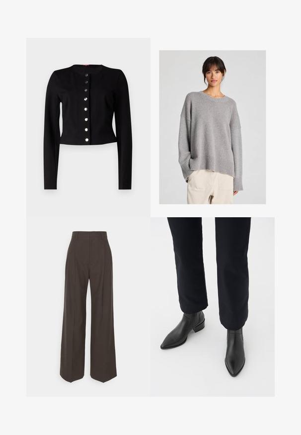 Sort cropped cardigan med rund halsudskæring, lange ærmer og syv metalliske knaplukninger foran. Glat tekstur.; Grå strikket sweater med en afslappet pasform, rund halsudskæring, ribbede madrationer og kant. Blød tekstur med et subtilt strikkemønster. Sammen med lyse bukser.; Mørkebrune brede bukser med høj talje, der har pænt pressede folder, glat overflade og en skræddersyet pasform.; Sorte læder ankelstøvler med spids tå, blokhæl og teksturerede sidepaneler, båret med mørke bukser mod en hvid baggrund.