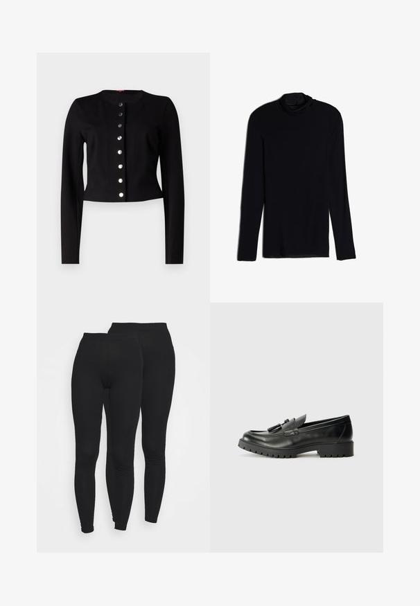 Czarny, krótki kardigan z okrągłym dekoltem, długimi rękawami oraz siedmioma metalowymi zapięciami z przodu. Gładka tekstura.; Czarny top z długim rękawem i dekoltem w serek, wykonany z miękkiego, gładkiego materiału; dopasowany krój z prostym dołem i bez widocznych szwów.; Czarne legginsy z elastycznym paskiem, wykonane z gładkiego, elastycznego materiału. Posiadają dopasowany krój zwężający się przy kostkach.; Czarne skórzane loafersy z zaokrąglonym noskiem, wyraźnym przeszyciem i teksturowaną gumową podeszwą. Zawierają dekoracyjną metaloplastykę na wierzchu.