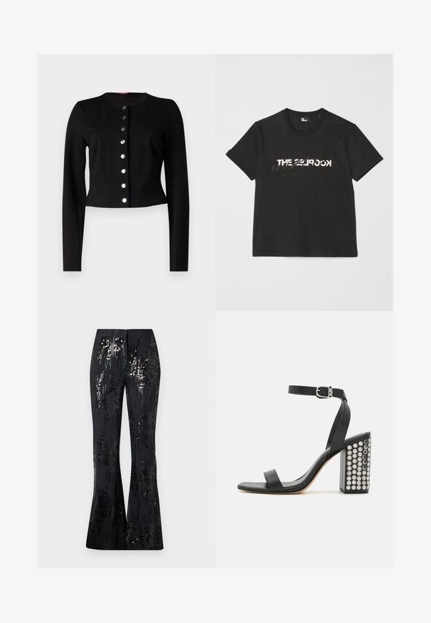 Černý zkrácený kardigan s kulatým výstřihem, dlouhými rukávy a sedmi kovovými knoflíky vpředu. Hladká textura.; Černé bavlněné tričko s krátkým rukávem, na přední straně se tiskne bílý a šedý design "THE 2LOOK". Klasický kulatý výstřih.; The Kooples PANTALON SEUL - Kalhoty - black; Černé kožené sandály na podpatku s páskem kolem kotníku. Mají čtveratou špičku, hladký povrch a čtvercový blokový podpatek zdobený stříbrnými hroty.