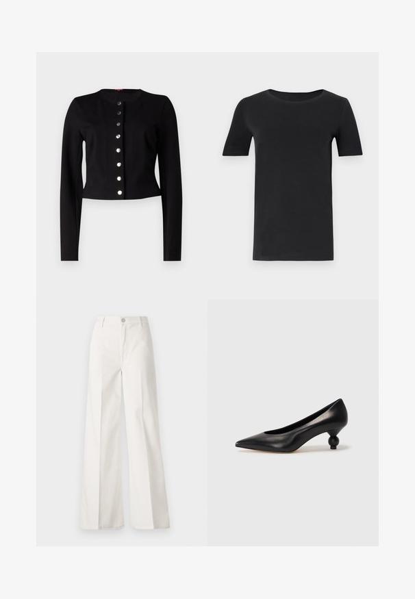 Black cropped cardigan with a round neckline, long sleeves, and seven metallic button closures on the front. Smooth texture.; Black short-sleeve t-shirt made of soft cotton, with a round neckline and a classic fit. Smooth texture, no patterns or embellishments.; White wide-leg trousers made from cotton with a smooth texture. Features a front button, zipper fly, and four-pocket design.; Black leather high heel shoe with a pointed toe and a round, balled heel. Smooth texture with a sleek, minimal design.