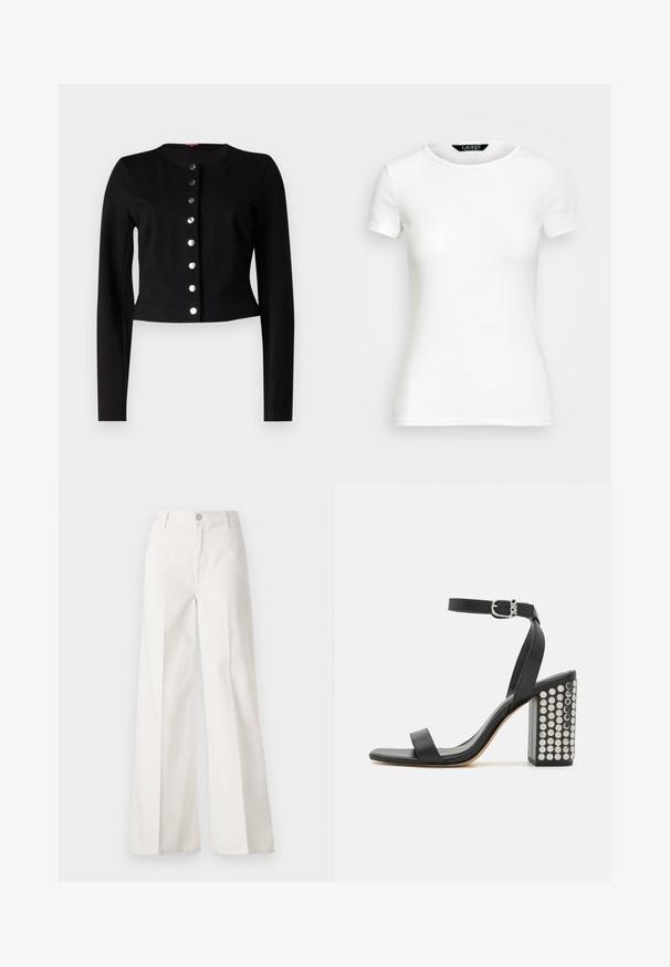 Cardigan nero accorciato con scollatura rotonda, maniche lunghe e sette bottoni metallici di chiusura sul davanti. Texture liscia.; T-shirt bianco in cotone con maniche corte, collo rotondo, design aderente e texture liscia. Etichetta del logo sul collo.; Pantaloni bianchi a gamba larga realizzati in cotone con una texture liscia. Presentano un bottone anteriore, una zip e un design a quattro tasche.; Infradito in pelle nera con tacco e cinturino alla caviglia. Presentano una punta quadrata, una texture liscia e un tacco a blocco quadrato adornato con borchie in argento.