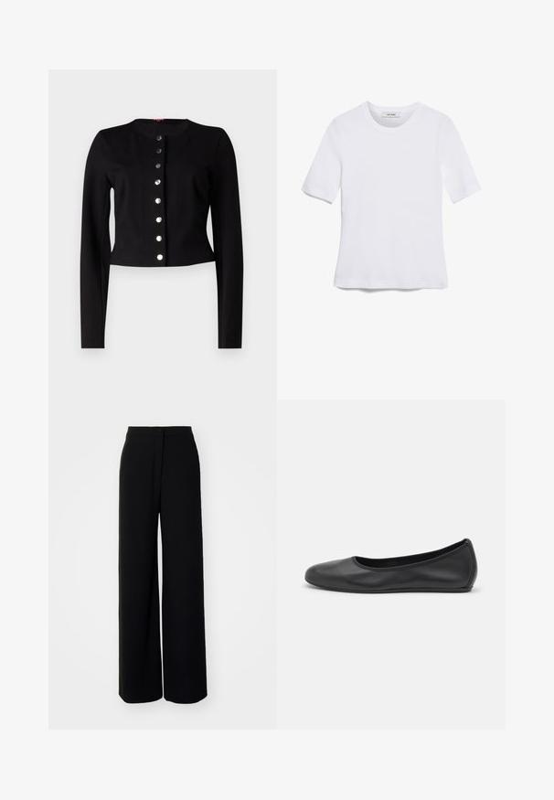 Gilet noir court avec un col rond, des manches longues et sept boutons métalliques sur le devant. Texture lisse.; T-shirt blanc à manches courtes en tissu côtelé. Col rond, coupe régulière et détails de couture subtils. Aucune motif ni graphique.; Pantalons larges noirs à taille haute, en tissu lisse, avec fermeture à bouton à l'avant et sans poches visibles, offrant une coupe tailleur.; Ballerines en cuir noir avec un bout rond, texture lisse, détails de couture minimalistes et design de semelle flexible.