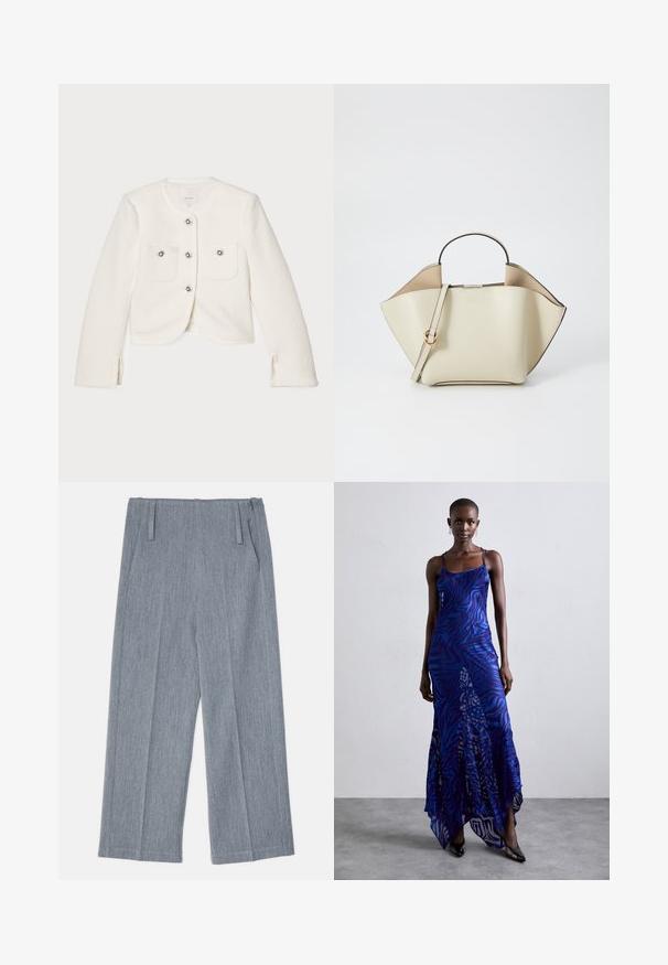 Balts saspringta jaka, izgatavota no teksturēta auduma, ar četriem pogām, kas rotātas ar dekoriem, un divām priekšējām kabatām.; Balta, garām piedurknēm, ar pogām aizpogājama krekla no gludas kokvilnas šķiedras. Tam ir klasiskā apkakle, priekšējā aizpogājamā daļa un noapaļotas aproces.; Gai pelēki, platā kāju bikses, kas izgatavotas no teksturēta auduma, ar diviem priekšējiem krokām un divām sānu kabatām. Tīrs, šūts dizains.; Zila un violeta dzīvnieku raksta maxi kleita ar plāniem plecu siksnām, pieguļošu augumu, izplestu apakšdaļu un caurspīdīgu dekoratīvo kārtu.; Ree Projects ANN - Rokassoma - beige