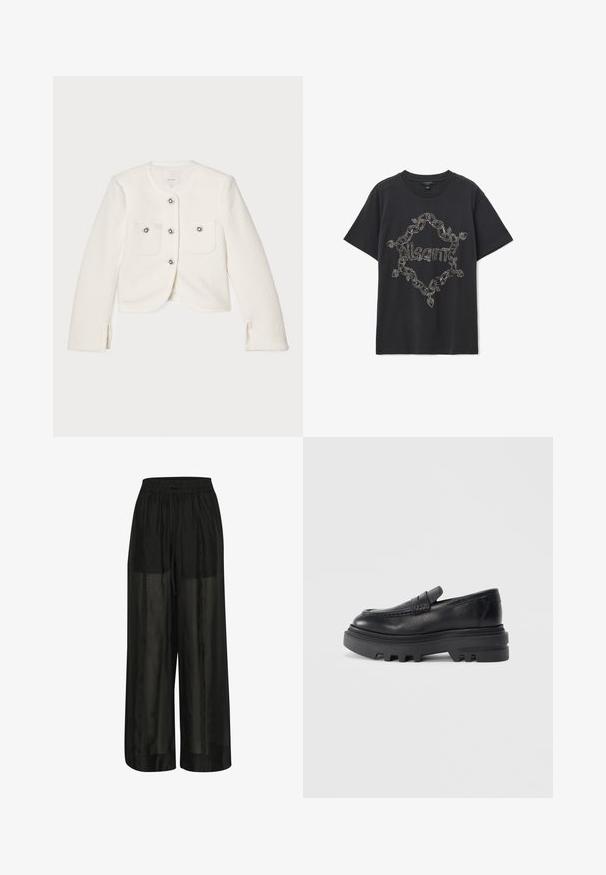 Casaco curto branco feito de tecido texturizado, com quatro botões com adornos decorativos e dois bolsos frontais.; T-shirt preta de mangas curtas com um design de corrente e folha formando uma forma de diamante em torno do nome da marca em relevo "AllSaints" na parte da frente.; Calças largas pretas feitas de tecido transparente, com uma cintura elástica e cordão para ajuste de tamanho e uma textura suave.; Mocassim de couro preto com sola grossa preta e detalhe de tira texturizada. O acabamento liso e a forma arredondada realçam o seu design contemporâneo.