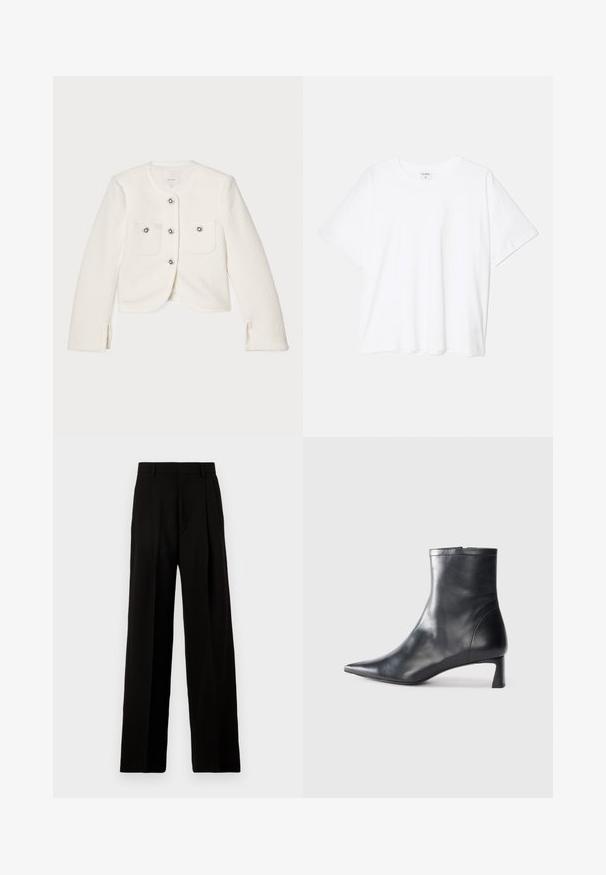 Chaqueta blanca recortada hecha de tejido texturizado, con cuatro botones con adornos decorativos y dos bolsillos frontales.; Camiseta de algodón blanca con mangas cortas, escote redondo, corte relajado y dobladillo cosido. Etiqueta visible en el interior del cuello.; Pantalones de pierna ancha negros, confeccionados en una tela suave, con una cintura alta, pliegues frontales y un diseño limpio y estructurado sin adornos.; Botín de cuero negro hasta el tobillo con punta afilada y un diseño elegante. Presenta un tacón bajo y un cierre con cremallera en la parte trasera. Textura suave.