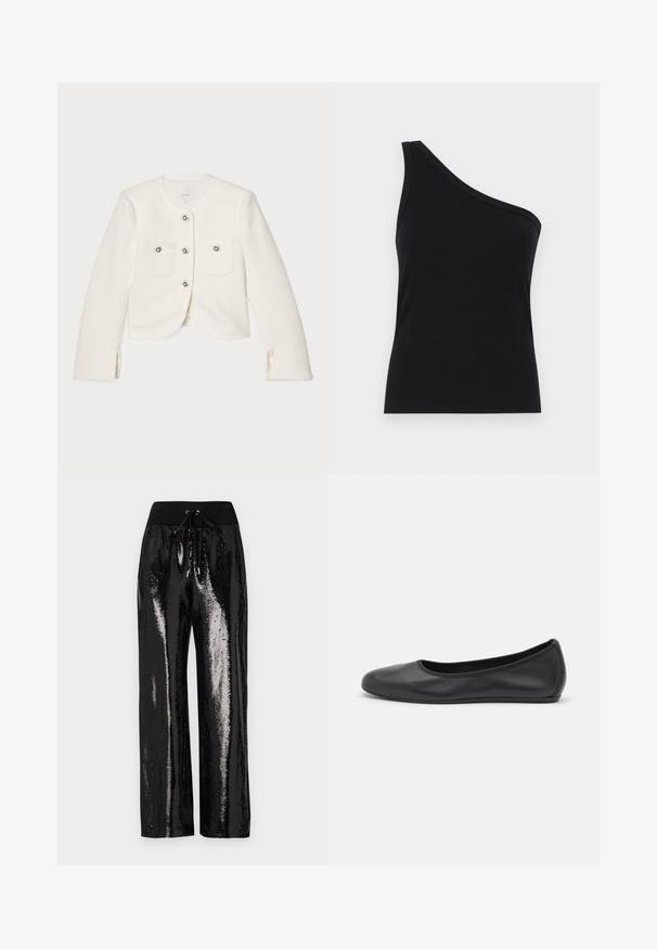 Valge lühendatud jakk, mis on valmistatud struktureeritud kangast, nelja nupu ja dekoratiivsete kaunistustega ning kahe esitaskuga.; Ühe õla must ribakanga tank top, millel on vormikujundus ja pehme tekstuur. Omab puhtat, minimalistlikku lõiget ja sujuvat kaelust.; Mustad sequinsipüksid laia säärte lõikega ja elastse vöökoha, millel on pael. Kanga pind on peegeldav ja läikiv.; Musthave mustika tantsutossud mustast nahast, ümmarguse varbaga, siledast tekstuurist, minimaalse õmblusdetailiga ja paindliku tallakujundusega.