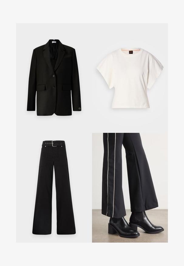Mörk rutigt tvåknäppt blazer med slagkrage, fickor med klaff, bröstficka och en liten broderad krokodil-logotyp på vänster ärms manschett.; Vit kortärmad T-shirt, korta vida ärmar, mjukt bomullsmaterial, rund halsringning med subtila orange detaljer, minimal design, inga mönster eller grafik.; Svarta vida byxor i bomull med hög midja, stora sidofickor och bälte med silverdetaljer.; Svarta läderankelboots med klack, med elastiska sidopaneler. I kombination med svarta byxor som har en vit sidostrip.