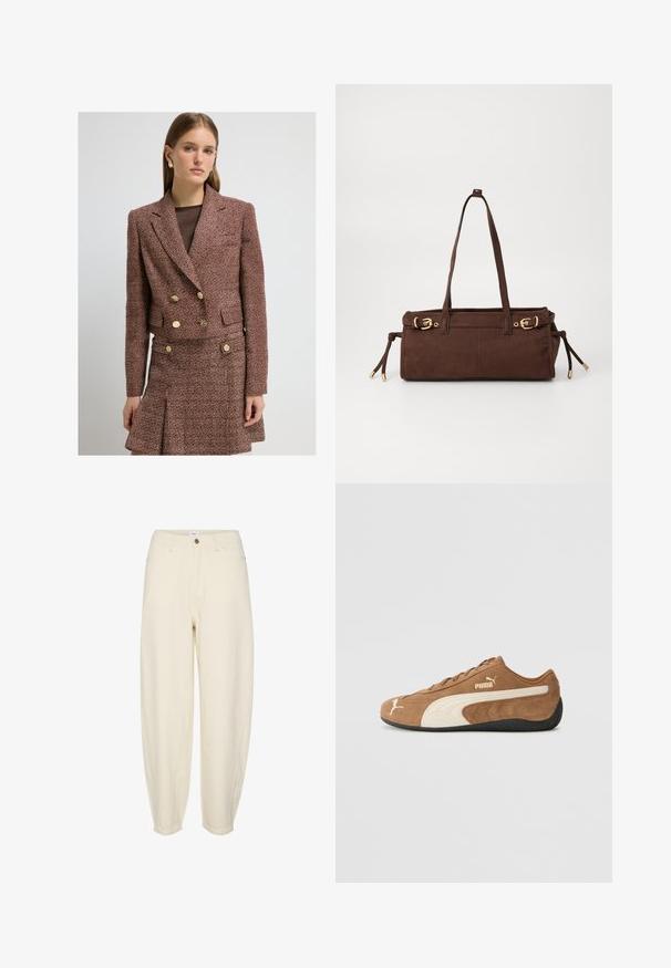 Krótka marynarka dwurzędowa w teksturowanym burgundowym materiale z złotymi guzikami i dwoma przednimi kieszeniami, w zestawie ze spódnicą w tym samym kolorze.; Beżowy sweter z dzianiny z wysokim kołnierzem, półdługim zamkiem błyskawicznym i rękawami z opadającymi ramionami. Posiada ściągacze na dole i przy mankietach.; Jasnobeżowe bawełniane spodnie o luźnym kroju, zwężających się nogawkach, przednich kieszeniach i pojedynczym guziku przy pasie.; Brązowe zamszowe niskie sneakersy z kremowymi akcentami, teksturowana powierzchnia, czarna gumowa podeszwa oraz wyhaftowane logo z boku i na języku.; Brązowa zamszowa torba na ramię z dwoma paskami, złotymi detalami i regulowanymi sznurkami po bokach. Posiada zamek błyskawiczny i gładką fakturę.