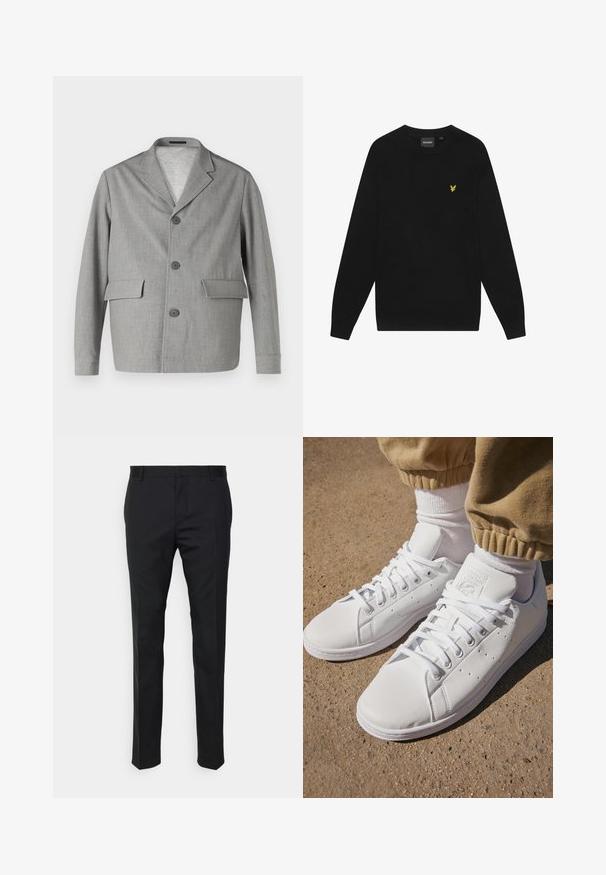 Szary blazer wykonany z teksturowanej tkaniny, z kołnierzem z wycięciem, trzema guzikami i dwoma przednimi kieszeniami. Czysty, nowoczesny design.; Czarny bawełniany sweatshirt z długimi rękawami i okrągłym dekoltem. Posiada małe żółte logo orła na piersi. Miękka tekstura.; Czarne spodnie o prostym kroju, wykonane z gładkiego materiału. Posiadają szlufki na pasek oraz fałdę z przodu.; Białe skórzane sneakersy o gładkiej powierzchni, z klasycznym sznurowaniem, perforacjami zapewniającymi oddychalność oraz teksturowaną gumową podeszwą.