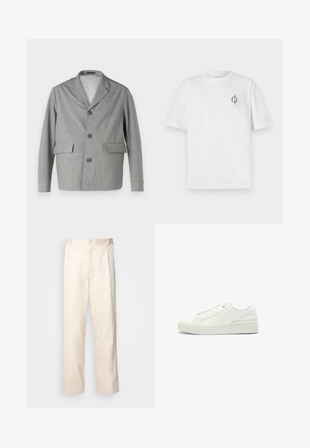 Gray blazer made of textured fabric, featuring a notched collar, three buttons, and two front pockets. Clean, modern design.; White cotton t-shirt with a relaxed fit, featuring a small black graphic logo on the left chest area. Short sleeves, crew neck style.; Beige cotton trousers with a straight-leg cut, featuring a button closure and pleats at the front for added detail.; White leather sneaker featuring a textured upper, a round toe, minimalistic design, and a rubber sole with stitched detailing.