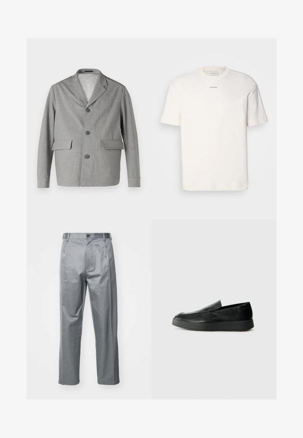 Szürke blézer, texturált anyagból készült, jegyzett gallérral, három gombbal és két elülső zsebbel. Tiszta, modern dizájn.; Fehér pamut póló, kerek nyakkal, rövid ujjakkal és hímezett "Calvin Klein" logóval a mellkas közepén. Egyszerű design.; Szürke pamut keverék nadrág, egyenes szabással, elülső gombos záródással, övrésekkel és oldalsó zsebekkel.; Calvin Klein HYBRID CUP - Belebújós cipők - triple black