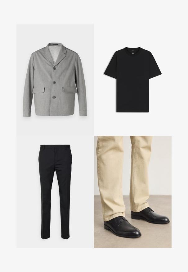 Gray blazer made of textured fabric, featuring a notched collar, three buttons, and two front pockets. Clean, modern design.; Black short-sleeve T-shirt made from a smooth cotton blend, featuring a crew neckline and a minimalistic design with no patterns or accents.; Black tailored trousers with a straight fit, made from smooth fabric. Features belt loops and crease detail along the front.; Black leather lace-up shoes with a rounded toe, smooth finish, and subtle stitching details, worn with light beige pants.