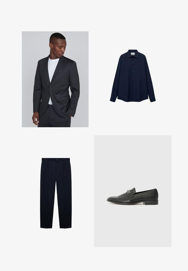 Dark gray tailored suit jacket with a slim fit, single button closure, and notch lapels. Smooth texture with a subtle pattern.; Navy blue button-up shirt with a collar, long sleeves, and a straight hem. Features a smooth texture and five front buttons.; Navy blue, flat-front trousers made of lightweight fabric with a smooth texture; features a button closure and two side pockets.; Black leather loafer with a smooth finish, featuring a stitched design and a decorative metal chain accent across the vamp. Flat heel.