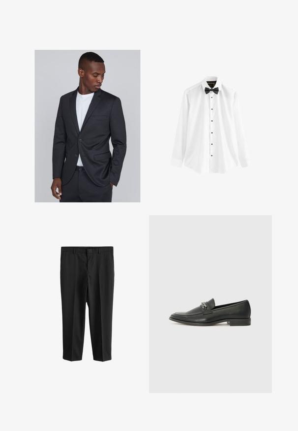Tumši pelēks uzvalka žaketes ar šauru piegriezumu, viena pogas aizdare un iegriezti apkakles. Gluda tekstūra ar smalku rakstu.; Balta kokvilnas krekla blūze ar garām piedurknēm, melnu tauriņu un melniem pogām priekšpusē.; Next REGULAR FIT - Uzvalka bikses - black; Melna ādas loafer izmēra apavi ar gludu virsmu, piedāvā ar šūtu dizainu un dekoratīvu metāla ķēdes akcentu pār vampu. Plakana papēža daļa.