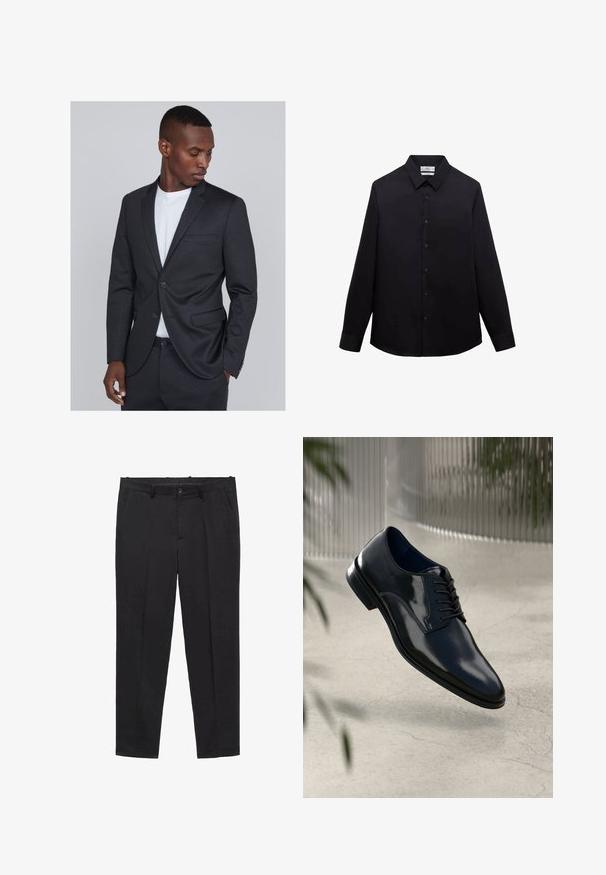Dark gray tailored suit jacket with a slim fit, single button closure, and notch lapels. Smooth texture with a subtle pattern.; Black long-sleeve shirt featuring a classic collar, button-down front, and a smooth, lightweight fabric. No visible patterns or accents.; Black tailored trousers made of smooth fabric, featuring a flat front, belt loops, and side pockets. Straight-cut leg design.; Dark blue leather dress shoe with a polished finish, lace-up design, slightly curved toe, and a smooth texture.