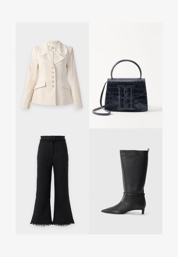 Blazer beige ajustado con grandes solapas, cierre de cinco botones, dos bolsillos frontales y un corte estructurado. Textura de tela suave.; Suéter negro de cuello alto fabricado en una suave tela, con acentos acanalados en el collar y los puños, un corte holgado y aberturas laterales.; Pantalones de pierna ancha negros con tela texturizada, dobladillo deshilachado y cinturilla elástica. El diseño presenta un acabado suave y un ajuste relajado.; Bota de cuero negro hasta la rodilla con punta afilada, acentuada por una correa circular alrededor del tobillo y un tacón bajo y afilado. Textura suave.; Bolso de mano de cuero negro con estampado de cocodrilo, diseño estructurado, asa superior, correa ajustable y un destacado detalle del logotipo en la parte frontal.