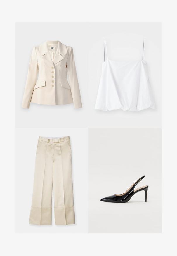 Bežový sak se strukturovaným střihem, velkými klopami, pěti knoflíky a dvěma předními kapsami. Hladká textura látky.; Bílý top bez rukávů s tenkými ramínky, vyrobený z lehké látky. Disponuje volným střihem a nařasenou texturou na lemu.; Bežové široké kalhoty z hladké látky s vysokým pasem, skladaným předním dílem a ohnutým lemem, které mají boční kapsy a čistý vzhled.; Černé lakované slingback lodičky s špičatou špičkou, úzkým podpatkem a jemným výřezem. Obsahují zlatou sponu na řemínku.