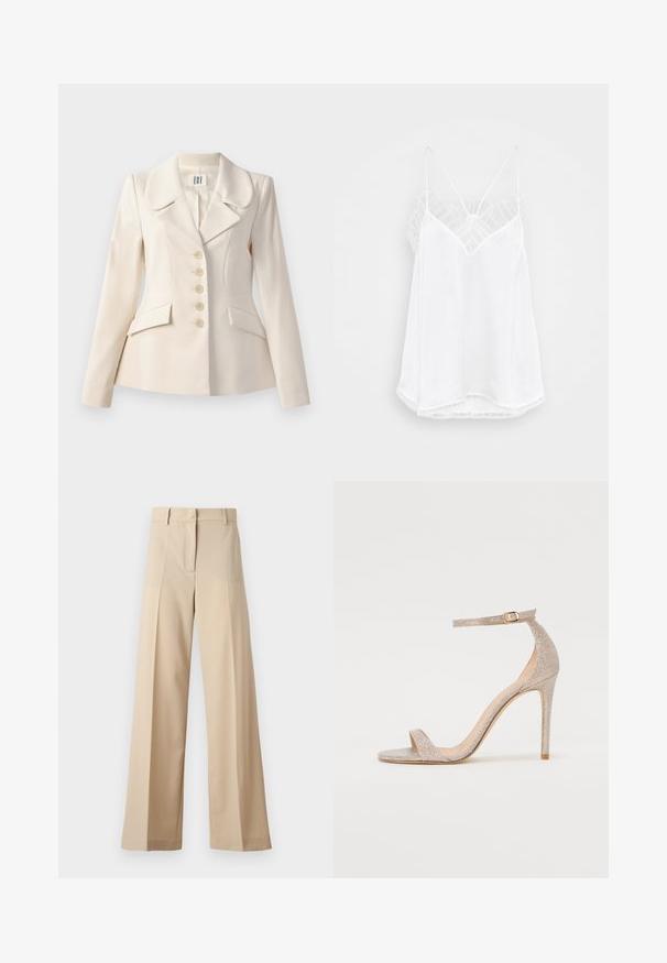 Beige räätälöity bleiseri, jossa on suuret läpät, viiden napin sulkeminen, kaksi etutaskua ja muotoiltu istuvuus. Sujuva kangasrakenne.; Valkoinen toppi, jossa on V-aukko muotoilu, ohuet olkaimet, teksturoitu pitsi lisäykset hartioilla ja kaareva helma. Sujuva kangaskuvio.; Beige leveled trousers made from smooth fabric, featuring a flat front with folds, a zip fly, and belt loops. Overall tailored fit.; Korkokenkä metallisessa ruusukullassa, jossa on teksturoitu yläosa, avoin kärki ja nilkkaremmissä kullanvärinen solkiyksityiskohta.