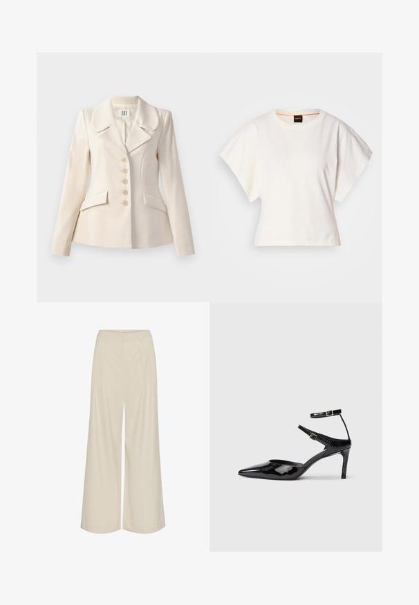 Blazer beige su misura con ampi revers, chiusura a cinque bottoni, due tasche frontali e una vestibilità strutturata. Tessuto dalla superficie liscia.; T-shirt bianca cropped, maniche corte e larghe, tessuto di cotone morbido, scollatura rotonda con bordino arancione sottile, design minimale, senza motivi o grafiche.; Pantaloni a gamba larga in un tessuto beige chiaro, caratterizzati da pince, vita alta e una texture liscia senza decorazioni visibili.; Décolleté in pelle eco-patent nera con punta affilata, cinturini alla caviglia regolabili e tacco sottile. Texture liscia con una finitura lucida.
