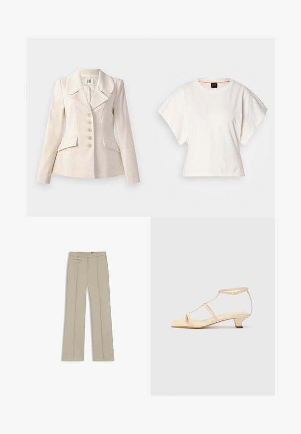 Beige tailored blazer with large lapels, five button closure, two front pockets, and a structured fit. Smooth fabric texture.; White cropped T-shirt, short wide sleeves, soft cotton material, round neckline with subtle orange trim, minimal design, no patterns or graphics.; Beige tailored trousers featuring wide legs, front pleats, two horizontal side pockets, and a smooth, slightly textured fabric.; Beige heeled sandals with a T-strap design, square toe, adjustable ankle strap, and a low, block heel. Smooth leather material.