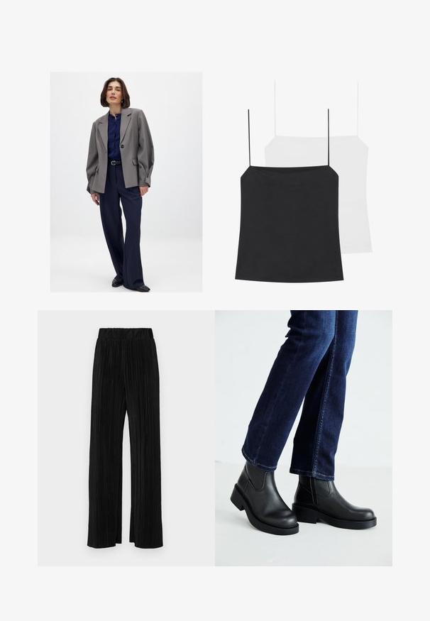 Szary, oversize marynarka z wyraźnymi ramionami, granatowa koszula z guzikami, ciemne spodnie i czarne baleriny. Gładka tekstura i dopasowany krój.; Na zdjęciu znajdują się dwa topy na ramiączkach: czarny i biały. Oba mają cienkie ramiączka oraz dopasowany krój wykonany z gładkiego, elastycznego materiału.; Czarne spodnie plisowane z elastycznym paskiem w talii. Posiadają szerokie nogawki oraz gładki, teksturowany materiał z pionowymi paskami.; Czarne skórzane botki za kostkę z grubą podeszwą oraz bocznymi elastycznymi panelami, w zestawieniu z ciemnoniebieskimi dżinsami. Podłoże jest jasne.