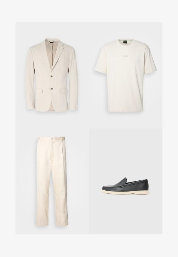 Svijetlosmeđi teksturirani blejzer s jednim gumbom, reverima i dva prednja džepa. Dekorativna šavova i suptilni detalji podstave.; BOSS TEE - Osnovna majica kratkih rukava - open white; Bežaste pamučne hlače ravnog kroja s kopčanjem na dugme i plisiranjima sprijeda za dodatni detalj.; Crne kožne cipele na slip-on s teksturiranim završetkom i kontrastnom bež gumom. Imaju suptilan naglasak duž prednje strane.